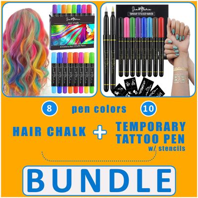 Jim&Gloria Dustless Hair Chalk 8 colors Plus Temporary Fake Tattoo with Gold and Silver 10 colors