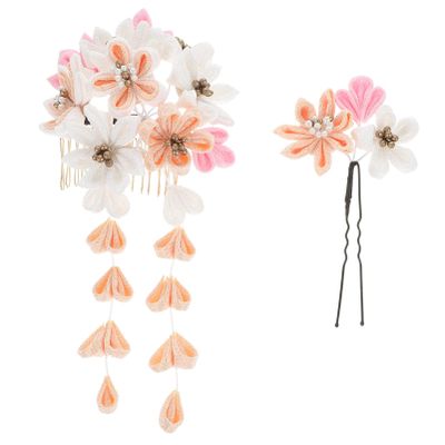 Beaupretty Makeup Bag with Japanese Kimono Hair Accessories - Flower Hair Pin, Hair Comb, and Tassel Headdress (Orange)