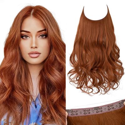 SARLA Invisible Wire Hair Extensions with 3 Clips Short Synthetic Wavy Curly Hairpiece Adjustable Transparent Headband for Women 14 Inch Copper Red