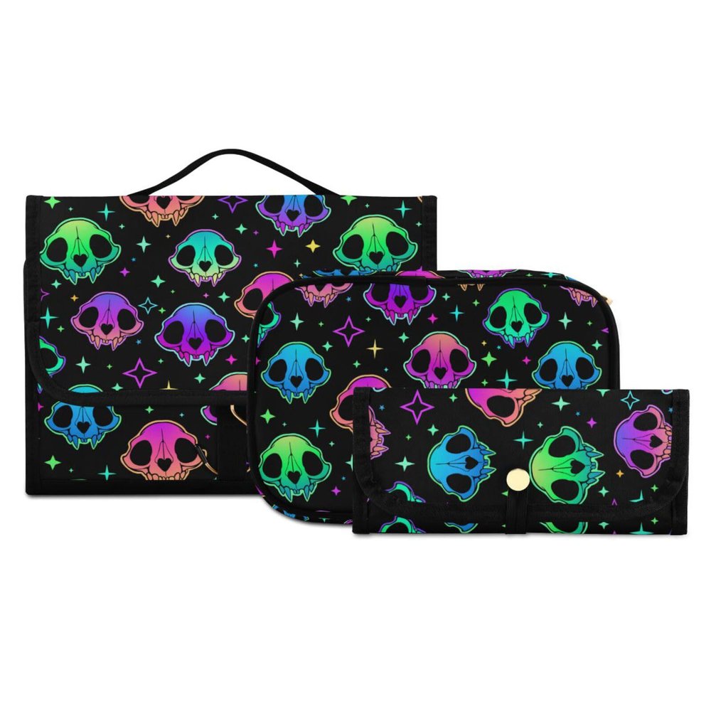 MNSRUU Toiletry Bag Rainbow Style Skull Hanging Makeup Travel bag for Toiletries 3 PCS Toiletry Organizer Bags Portable Clear Toiletry Kit