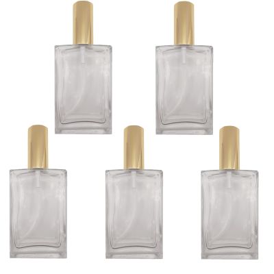 PimyRcyi 5PCS Square Glass Spray bottle,3.4oz Small Refillable Container with Fine Mist srpayer,Perfume bottle (100ml, Clear+Gold)