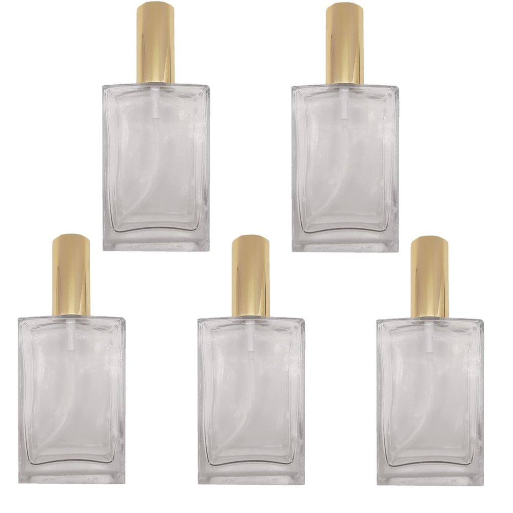 PimyRcyi 5PCS Square Glass Spray bottle,3.4oz Small Refillable Container with Fine Mist srpayer,Perfume bottle (100ml, Clear+Gold)