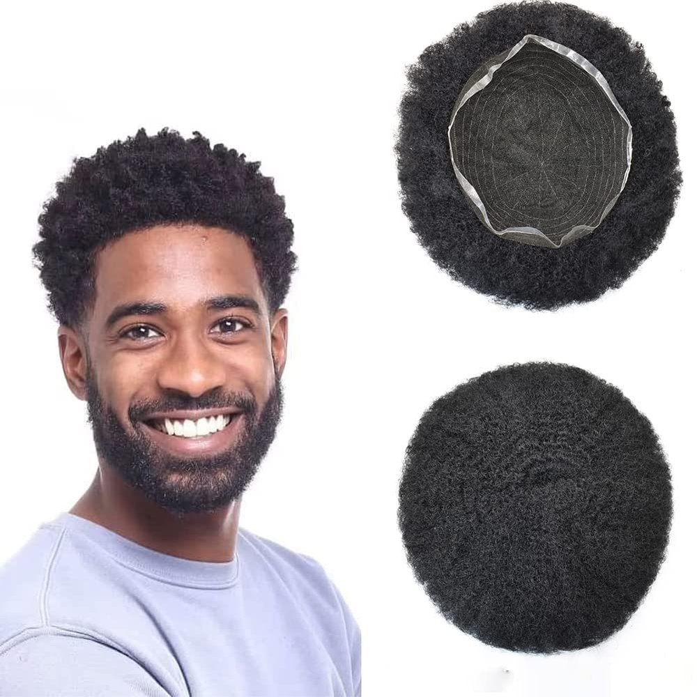 Afro Curl Toupee for Black Men Full French Lace Mens Toupee Kinky Curly Human Hair Units Bleached Knot Natural Hairline Hair Pieces for Black Men8x101# JET BLACK-10mm wave