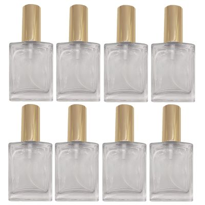 PimyRcyi 8PCS Square Glass Spray bottle,Small Refillable Container with Fine Mist srpayer,Perfume bottle (50ml, Clear+Gold)