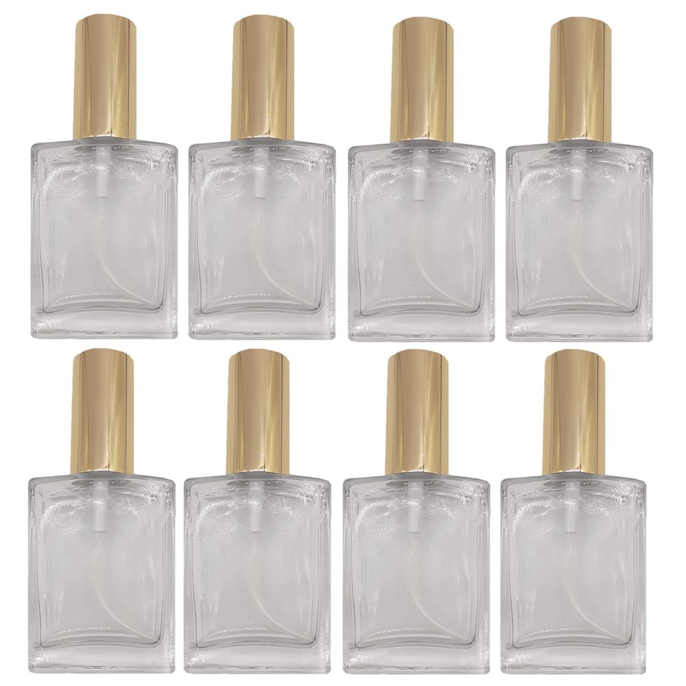 PimyRcyi 8PCS Square Glass Spray bottle,Small Refillable Container with Fine Mist srpayer,Perfume bottle (50ml, Clear+Gold)