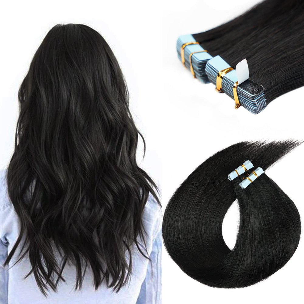 16 inch Tape in Hair Extensions Human Hair Invisible Straight Tape Hair Extensions for Women 20 Pcs/50g Seamless Skin Weft #1B Natural Black Real Hair Extension Tape ins Human Hair