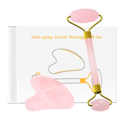 Rose Quartz Face Roller Gua Sha Scraper Set for Facial Massage 100% Natural Pink Crystal Gouache Kit Skin Care Tools,Set-Ci with Box