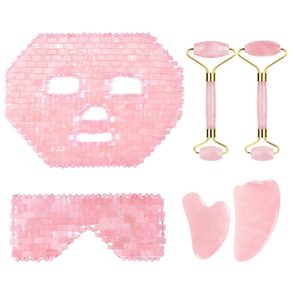 Rose Quartz Roller Gouache Scraper Face Eye Mask for Face Lifting Natural Crystal Facial Massager Beauty Care Tool,6in1 Set