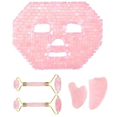 Rose Quartz Roller Gouache Scraper Face Eye Mask for Face Lifting Natural Crystal Facial Massager Beauty Care Tool,5in1 Set B