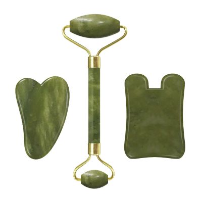 Jade Face Roller Gua Sha Facial Massager 100% Natural Real Stone Gouache Scraper Face Skin Care Massage Tools,Massage Roller-Set H