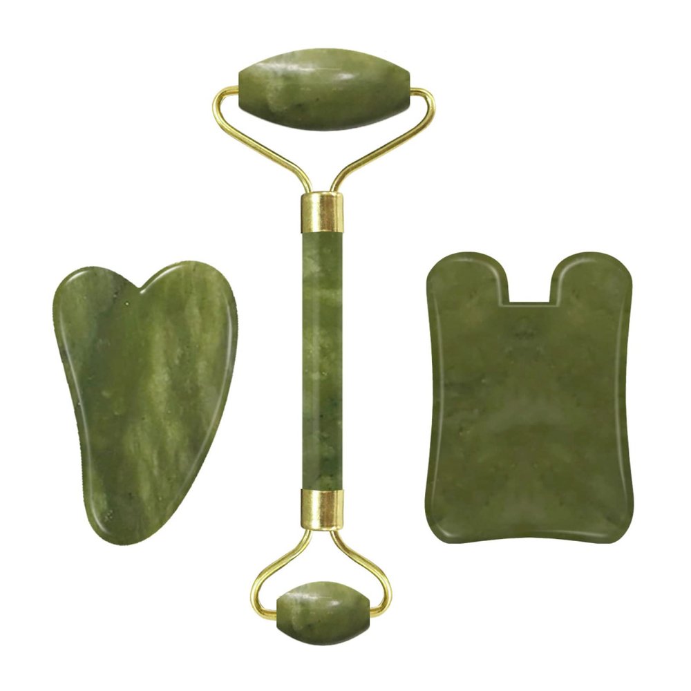 Jade Face Roller Gua Sha Facial Massager 100% Natural Real Stone Gouache Scraper Face Skin Care Massage Tools,Massage Roller-Set H