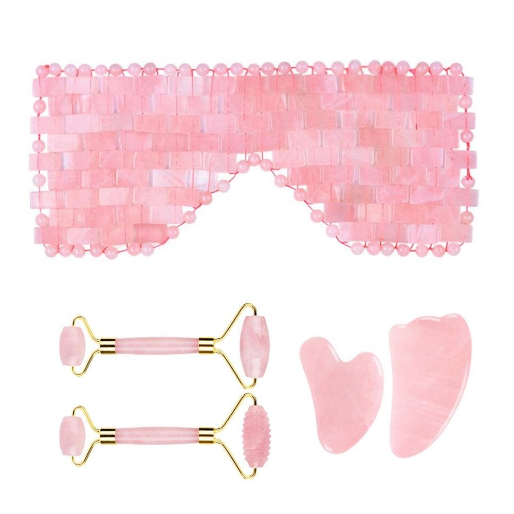 Rose Quartz Roller Gouache Scraper Face Eye Mask for Face Lifting Natural Crystal Facial Massager Beauty Care Tool,5in1 Set A