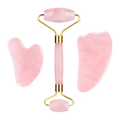 Rose Quartz Roller Gouache Scraper Face Eye Mask for Face Lifting Natural Crystal Facial Massager Beauty Care Tool,Set-Pu-VLY