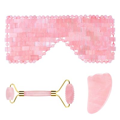 Rose Quartz Roller Gouache Scraper Face Eye Mask for Face Lifting Natural Crystal Facial Massager Beauty Care Tool,3in1 Set-Ci-YL