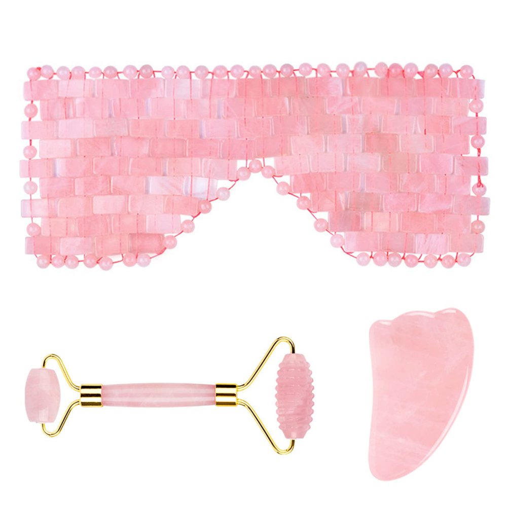 Rose Quartz Roller Gouache Scraper Face Eye Mask for Face Lifting Natural Crystal Facial Massager Beauty Care Tool,3in1 Set-Ci-YL