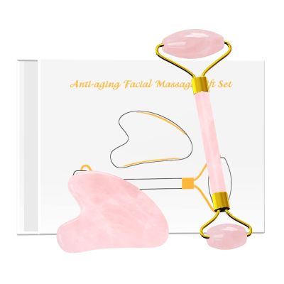 Rose Quartz Face Roller Gua Sha Scraper Set for Facial Massage 100% Natural Pink Crystal Gouache Kit Skin Care Tools,Set-Pu with Box