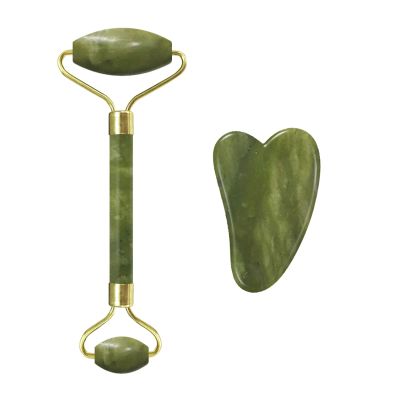 Jade Face Roller Gua Sha Facial Massager 100% Natural Real Stone Gouache Scraper Face Skin Care Massage Tools,Massage Roller-Set L