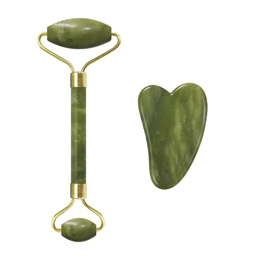 Jade Face Roller Gua Sha Facial Massager 100% Natural Real Stone Gouache Scraper Face Skin Care Massage Tools,Massage Roller-Set L
