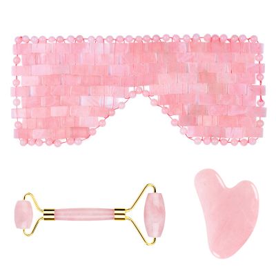 Rose Quartz Roller Gouache Scraper Face Eye Mask for Face Lifting Natural Crystal Facial Massager Beauty Care Tool,3in1 Set-Pu-VL