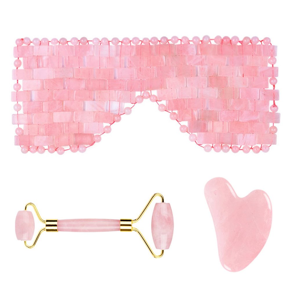 Rose Quartz Roller Gouache Scraper Face Eye Mask for Face Lifting Natural Crystal Facial Massager Beauty Care Tool,3in1 Set-Pu-VL