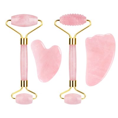 Rose Quartz Roller Gouache Scraper Face Eye Mask for Face Lifting Natural Crystal Facial Massager Beauty Care Tool,4in1 Set