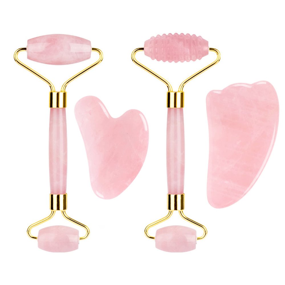 Rose Quartz Roller Gouache Scraper Face Eye Mask for Face Lifting Natural Crystal Facial Massager Beauty Care Tool,4in1 Set