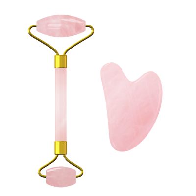Rose Quartz Face Roller Gua Sha Scraper Set for Facial Massage 100% Natural Pink Crystal Gouache Kit Skin Care Tools,Set-Pu No Box