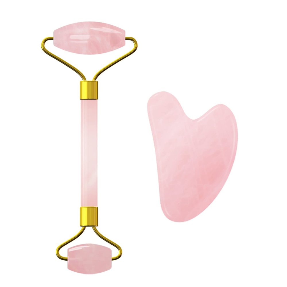 Rose Quartz Face Roller Gua Sha Scraper Set for Facial Massage 100% Natural Pink Crystal Gouache Kit Skin Care Tools,Set-Pu No Box