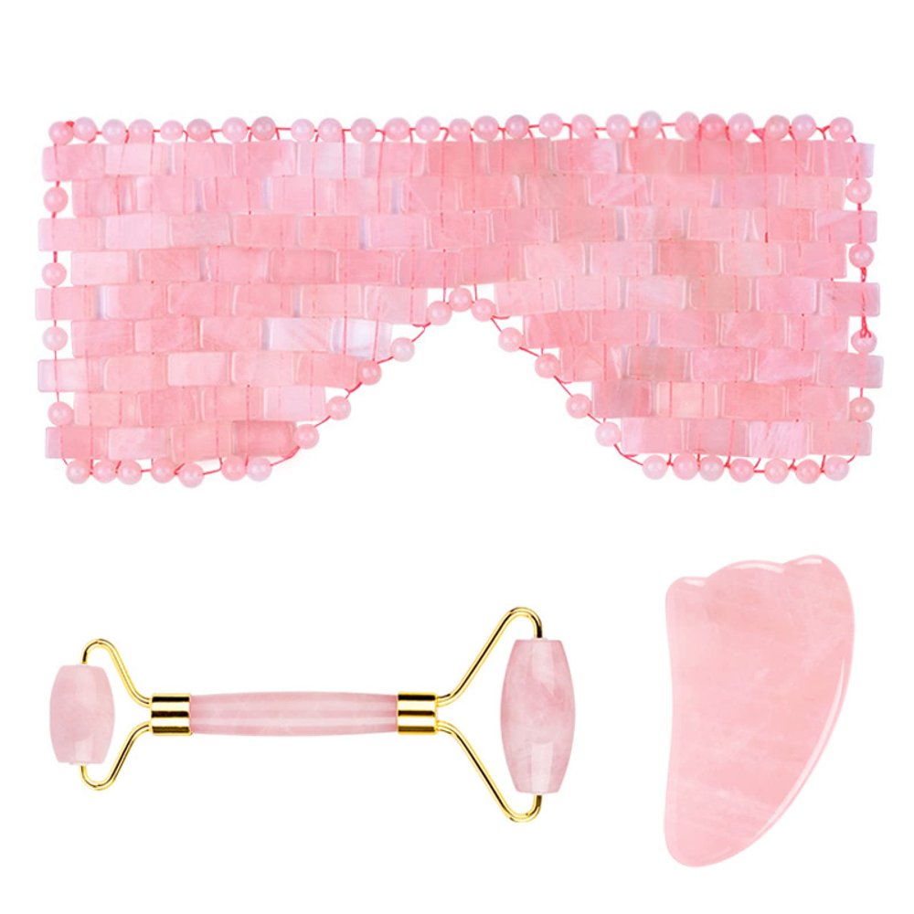Rose Quartz Roller Gouache Scraper Face Eye Mask for Face Lifting Natural Crystal Facial Massager Beauty Care Tool,3in1 Set-Pu-YL