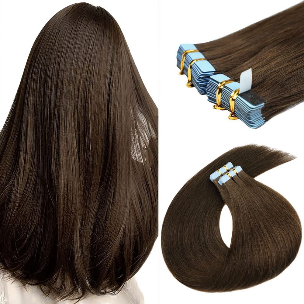 16 inch Tape in Hair Extensions Human Hair Invisible Straight Tape Hair Extensions for Women 20 Pcs/50g Seamless Skin Weft #4 Chocolate Brown Real Hair Extension Tape ins Human Hair