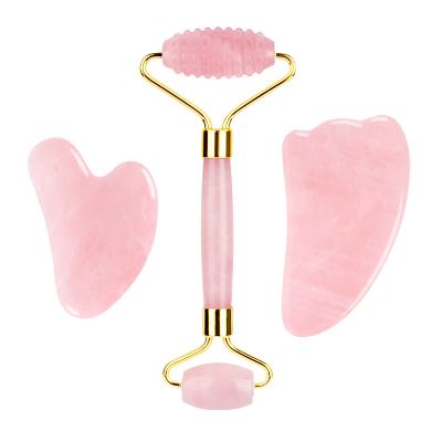 Rose Quartz Roller Gouache Scraper Face Eye Mask for Face Lifting Natural Crystal Facial Massager Beauty Care Tool,Set-Ci-VLY