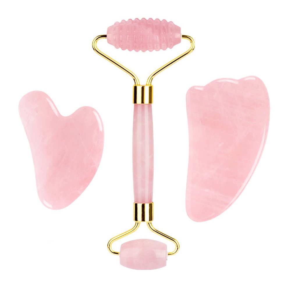 Rose Quartz Roller Gouache Scraper Face Eye Mask for Face Lifting Natural Crystal Facial Massager Beauty Care Tool,Set-Ci-VLY