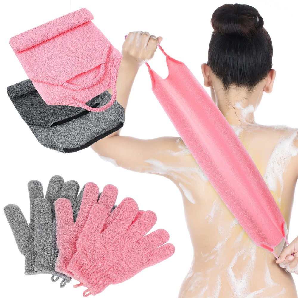 4 Pack Exfoliating Washcloth Back Scrubber Set, 2 Exfoliating Body Scrubber Nylon Back Body Scrub Towel, 2 Pairs Shower Gloves for Women Men Bath Shower Exfoliation(Pink, Gray)