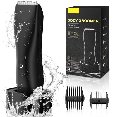 Body Trimmer for Men, Ball Shaver, Electric Groin & Pubic Hair Trimmer, Waterproof Wet&Dry Body Groomer, Replaceable Ceramic Male Hygiene Razor Clippers w/Charging Dock for Full Body Grooming - Black