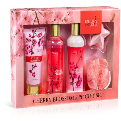 Bath and Body Gift Basket For Women Cherry Blossom Bath & Body Collection Gift Box, Includes Shower Gel, Body Lotion, Body Scrub, Bath Bomb & Sponge - Appreciation Gift Ideas