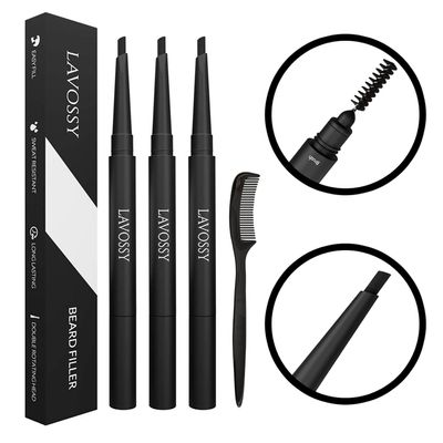 LAVOSSY Beard Pencil - Light Brown Pack of 3 - Long Lasting and Easy to Use Pen with Blending Brush for Sleek, Natural, Water/Sweat Proof Results