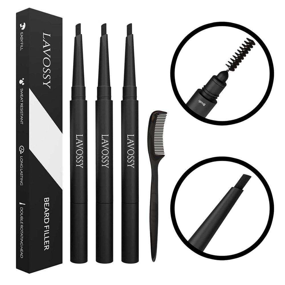 LAVOSSY Beard Pencil - Light Brown Pack of 3 - Long Lasting and Easy to Use Pen with Blending Brush for Sleek, Natural, Water/Sweat Proof Results