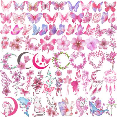 PAGOW 60 Sheets Pink Butterfly Temporary Tattoos Self-adhesive Flower Rabbit Whale Face Body Arm Tattoos Stickers Waterproof Christmas Valentines Birthday Party Decoration for Women Girls Adults
