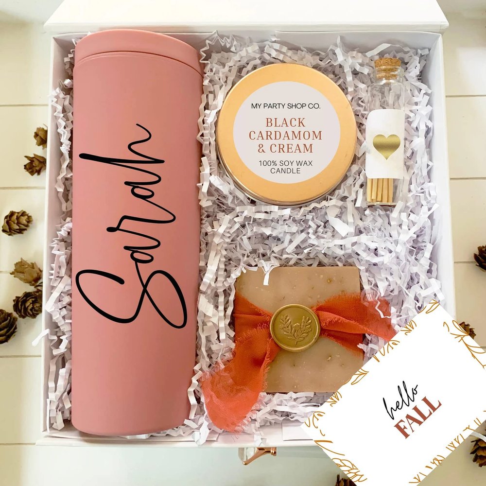 Hello Fall Care Package/Fall Tumbler Gift Set/Holiday Gift Box/Autumn Gift/Holiday Gift for Boss/Best Friend - Tumbler, Soap Bar, Rose Gold Candle, Bottle with Matches (Happy Holidays)