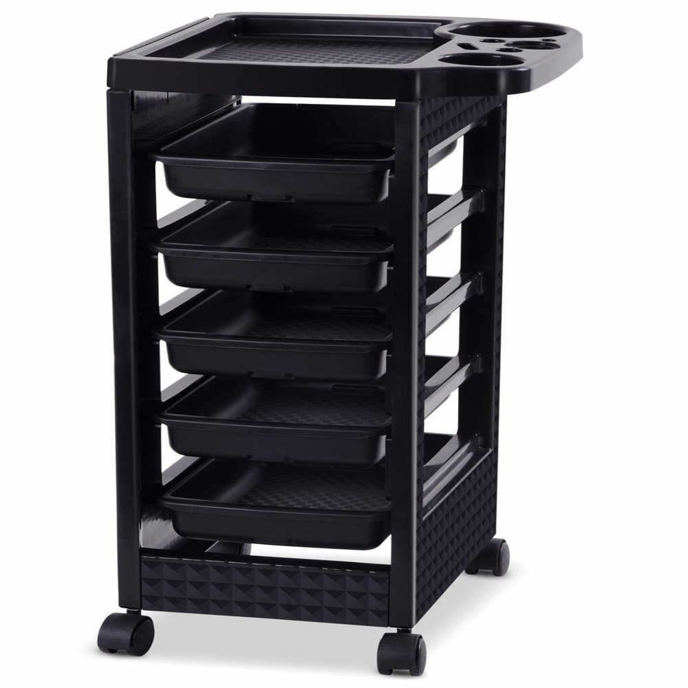 Paddie Black Salon Trolley Cart with Wheels/5 Drawers/Dryer Holder/Tint Bowl Slot for Hair Stylist, Beauty Equipment