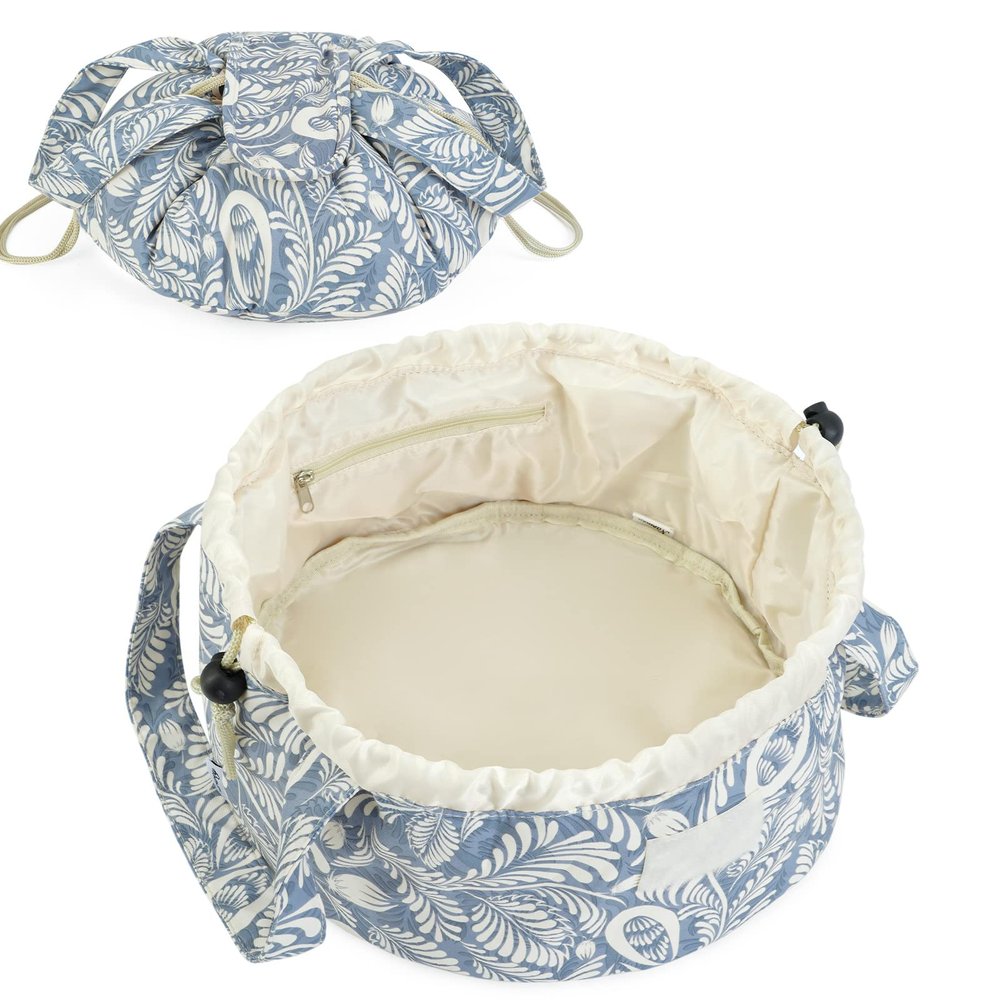 Barrel Drawstring Makeup Bag Large Cosmetic Bag Make up Bags Toiletry Organizer for Women (Blue Leaf) (Patent)