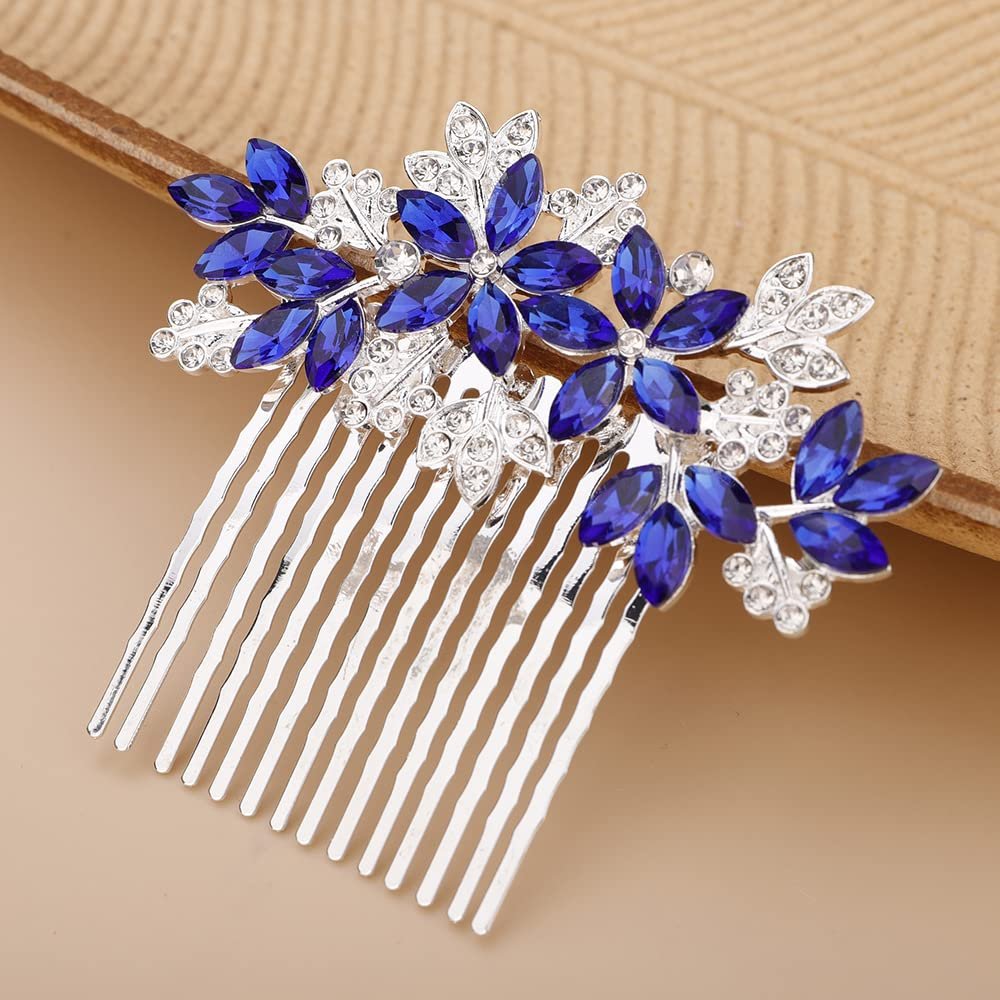 Teyglen Bridal Hair Accessories: Dainty Silver, Gold, and Rhinestone Hair Combs for Brides, Bridesmaids, and Girls (Silver Blue)