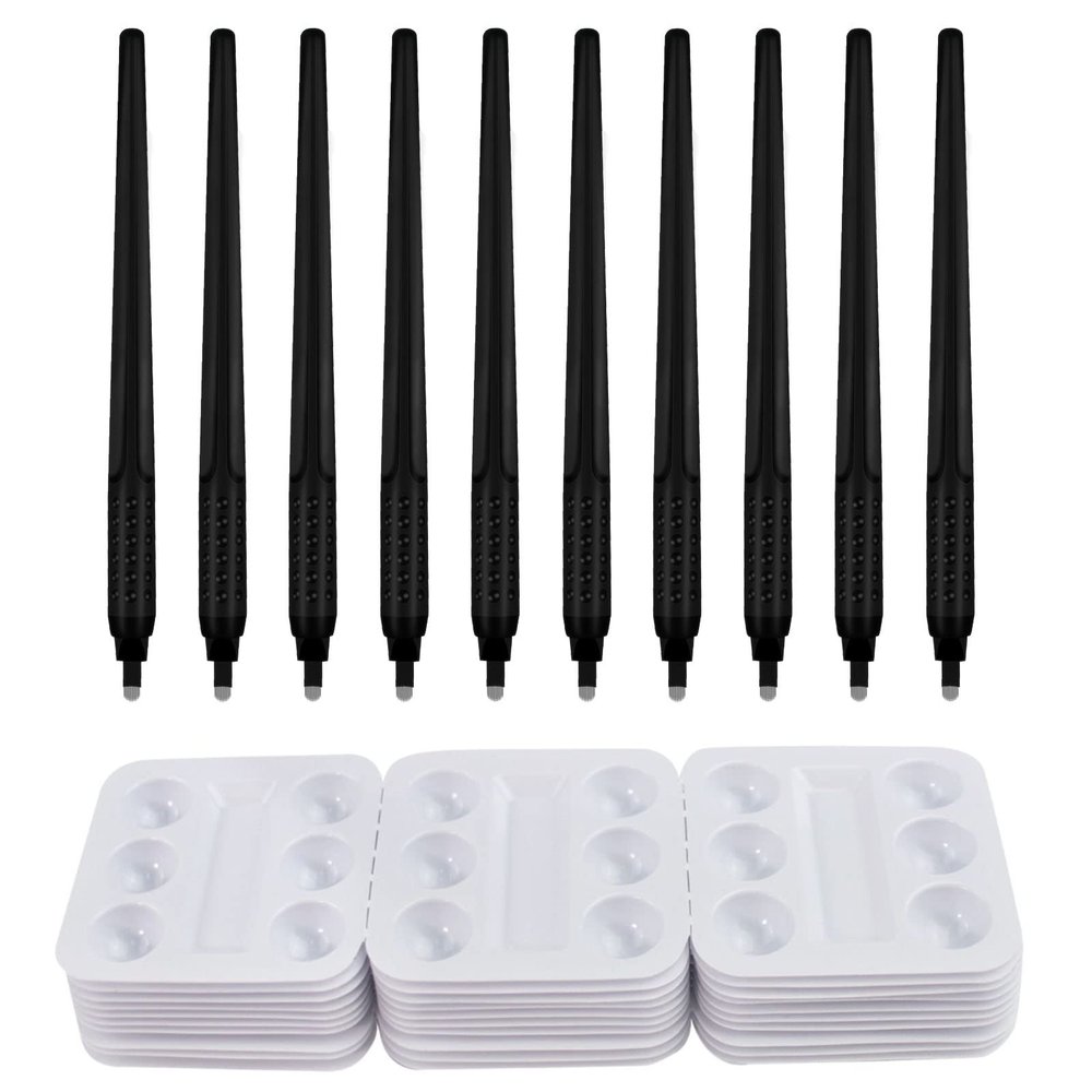 10pcs Black Disposable Microblading Pen Tool with 18U Blades 0.18mm and 30pcs Disposable Tattoo Pigment Tray Microblading Kit (Set 2)