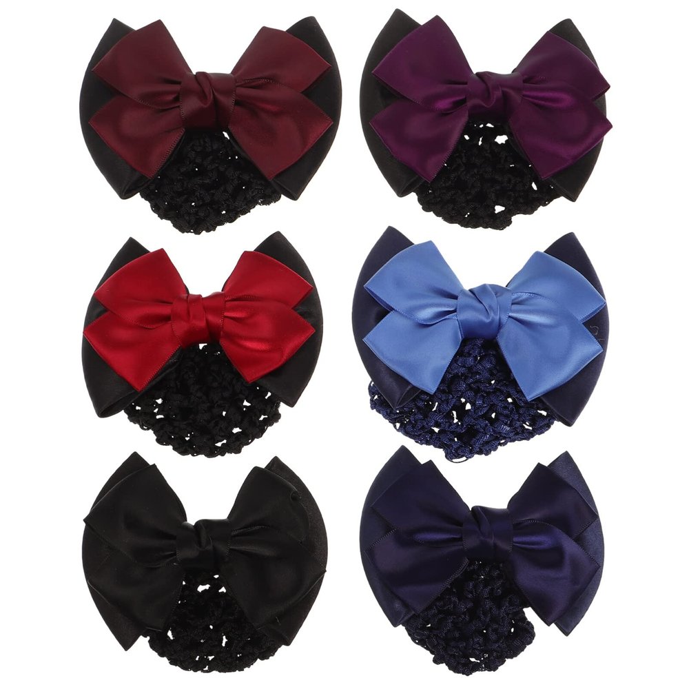 LALAFINA 6Pcs Bowknot Net Hairnet Snood Net Barrette Hair Clip Knit Mesh Fabric Hairnet Hair Bun Cover Ribbon Hair Accessories for Lady Women