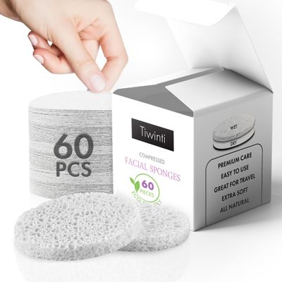 TiwinTi 60 Count Compressed Facial Sponges - Natural Wood Pulp Round Esthetician Face Sponges for Cleansing, Daily Face Washing, Exfoliating Makeup, and Mask Removal (White)