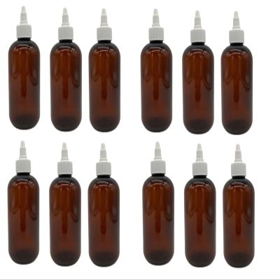Natural Farms 8 oz Amber Boston Plastic Bottles -12 Pack Empty Bottle Refillable - BPA Free - Essential Oils - Aromatherapy | White Twist Top Caps - Made in the USA