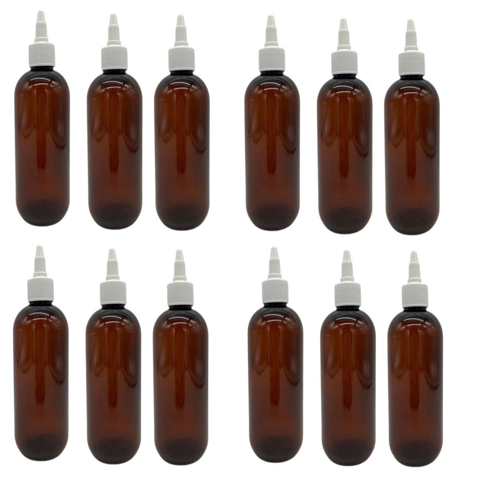 Natural Farms 8 oz Amber Boston Plastic Bottles -12 Pack Empty Bottle Refillable - BPA Free - Essential Oils - Aromatherapy | White Twist Top Caps - Made in the USA