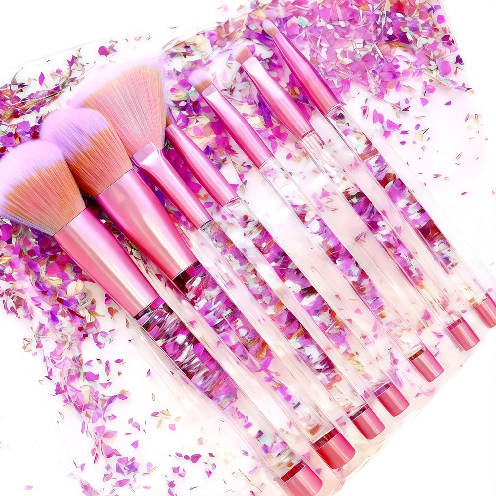RAEEIKPHZ Sparkle Pink Makeup Brushes Set,Unicorn Glitter 7pc Foundation Blush Lip Nose Eyeshadow Eyebrow Loose Powder Fan Make Up Brushes Kit with Liquid for Kids Girls Teen Women Gift Present