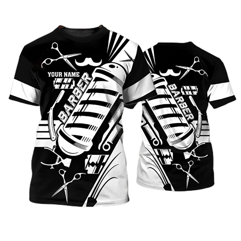 IZI POD Barber 3D All Over Printed Tee- Personalized Name Barber Men's 3D Shirt Black and White Barbers Shirt, Custom Gift for Barbers, Birthday