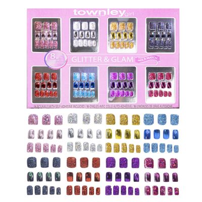 Townley Girl 96 Pcs Glitter-Glamup & Metallic Press-On Nails Artificial Fake False Nails Set for Tweens with Pre-Glue Full Cover Acrylic Nail Tip Kit, Great for Gifts, Parties, Sleepovers & Makeovers